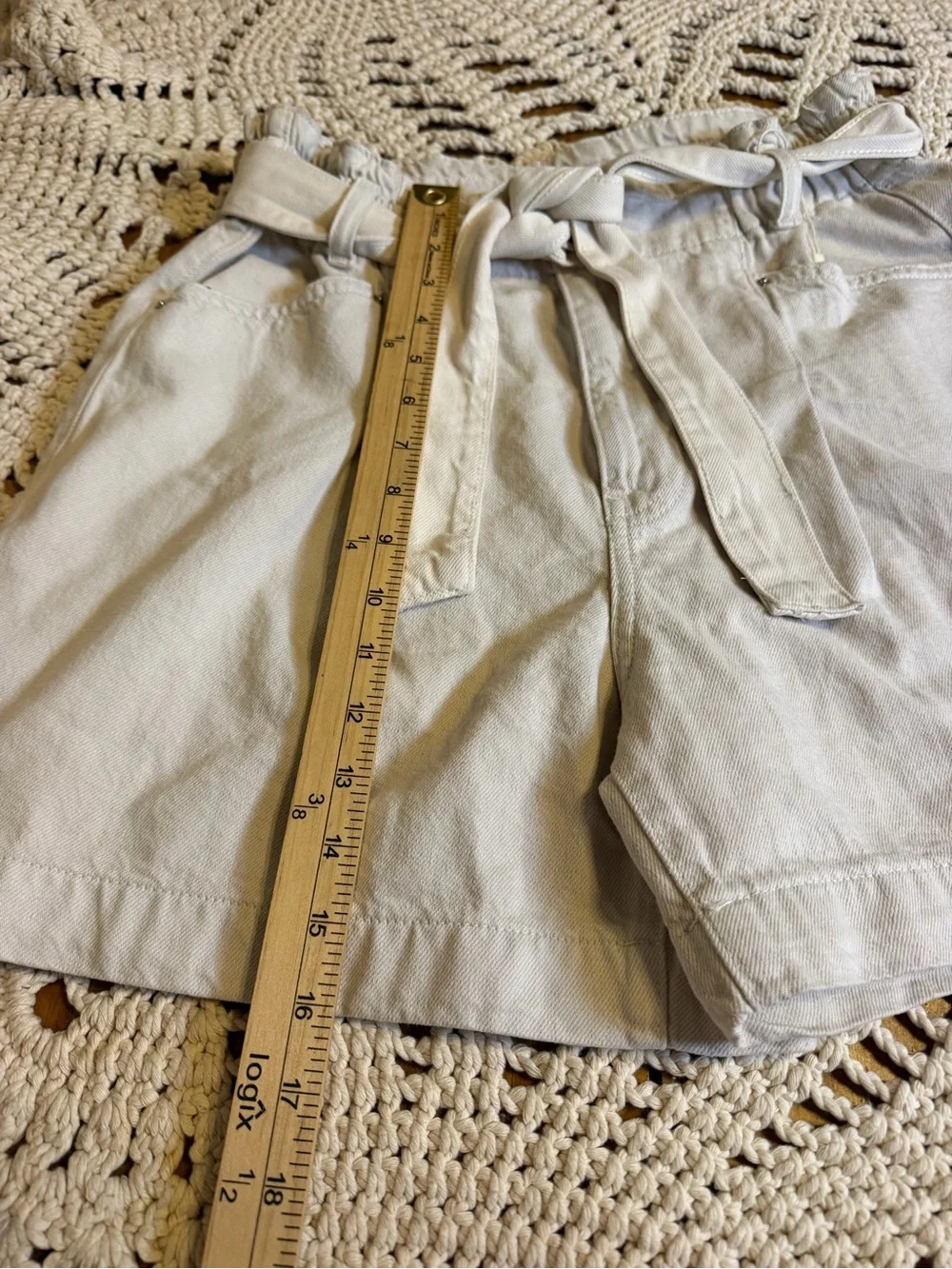 MNG Denim Paperbag Shorts XL Ecru Cream High Rise Belted Cotton utility hi rise